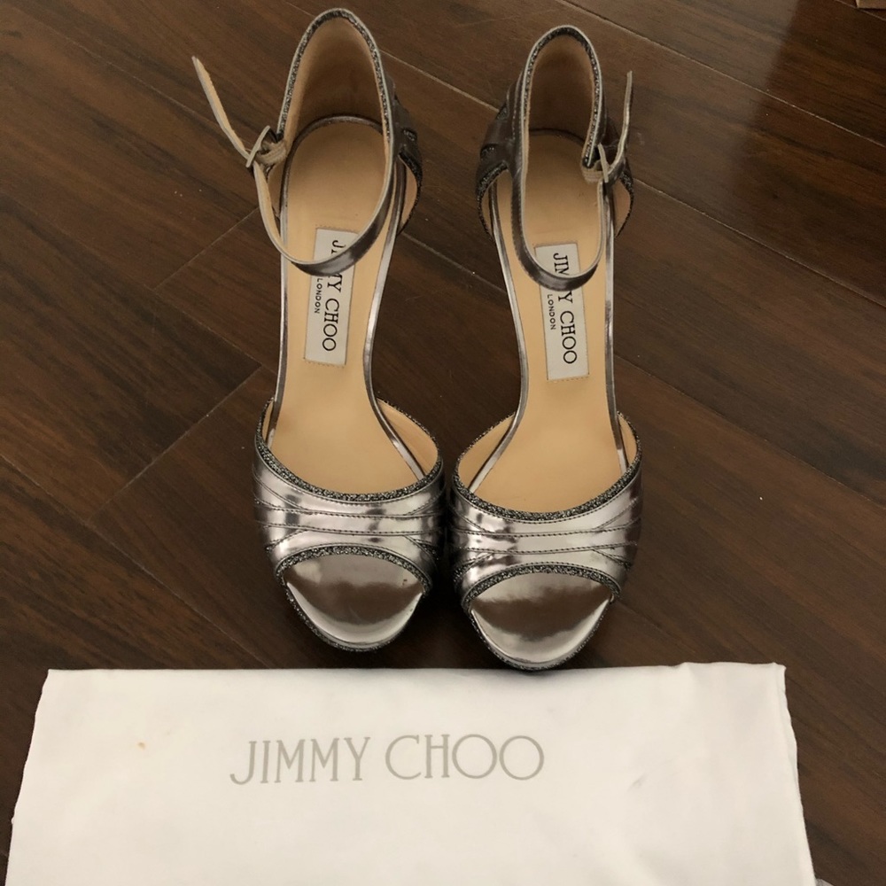 Jimmy Choo Silver Platform Sandals.